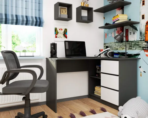 Ak furniture Rohový písací stôl B16 124 cm šedý/bílý pravý