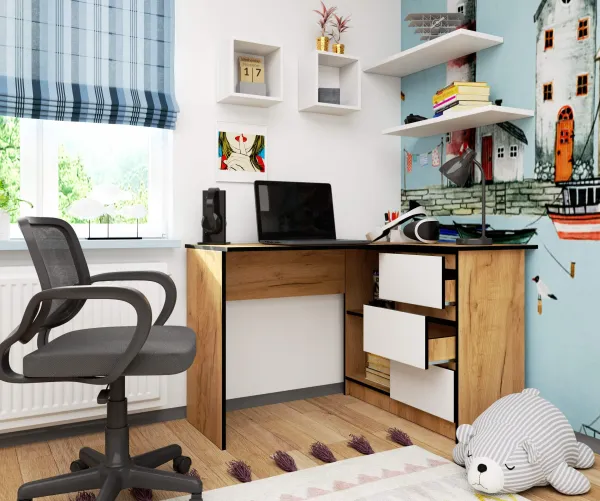 Ak furniture Rohový písací stôl B16 124 cm pravý dub craft biely