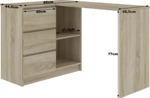 Ak furniture Rohový písací stôl B16 124 cm dub sonoma/biely ľavý