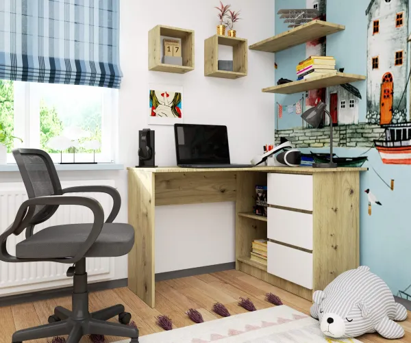 Ak furniture Rohový písací stôl B16 124 cm pravý dub artisan biely