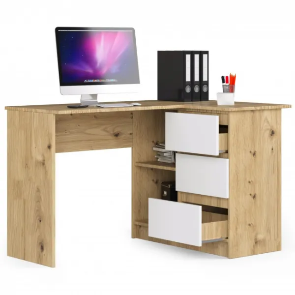 Ak furniture Rohový písací stôl B16 124 cm pravý dub artisan biely