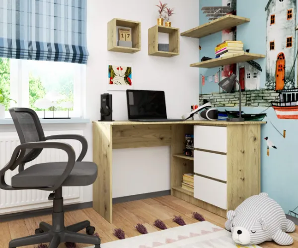 Ak furniture Rohový písací stôl B16 124 cm pravý dub artisan biely