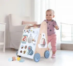 Drevené vzdelávacie chodítko s pohyblivými prvkami,