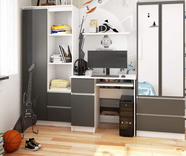 Ak furniture Písací stôl PIKSEL 90 cm biely/grafitovo sivý ľavý