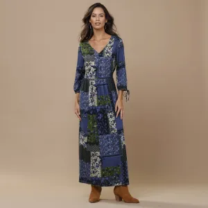 Dlhé šaty s výstrihom do V a patchwork potlačou