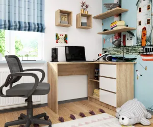 Ak furniture Rohový písací stôl B16 124 cm dub sonoma/biely pravý
