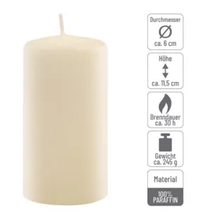Sada stĺpových sviečok, 11,5 cm, Ø 6 cm, krémové, 6 ks