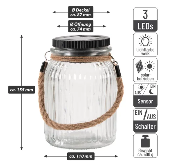 Záhradné solárne sklenice s vešákom, 3 LED, biele