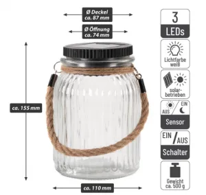 Záhradné solárne sklenice s vešákom, 3 LED, biele