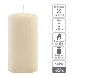 Sada stĺpových sviečok, 15 cm, Ø 7,5 cm, krémová, 4 ks