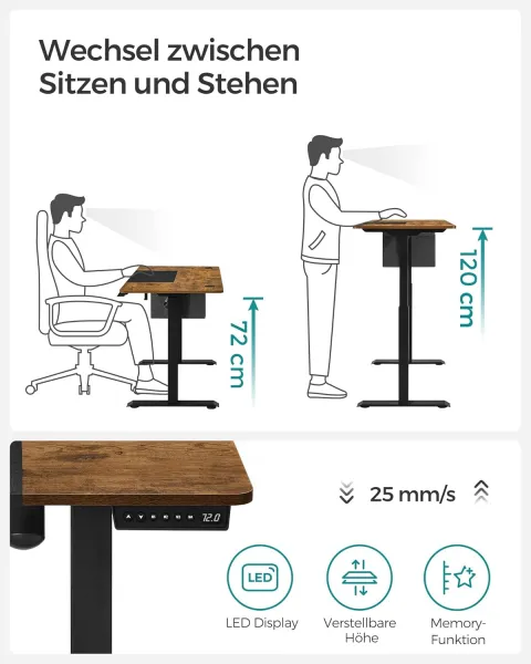 SONGMICS Elektrický rozkladací stôl 120 x 60 cm hnedý čierny