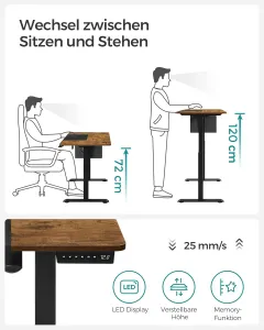 SONGMICS Elektrický rozkladací stôl 120 x 60 cm hnedý čierny