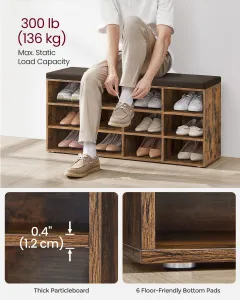 VASAGLE Lavica s botníkom 12 políc 104 x 48 x 30 cm hnedá
