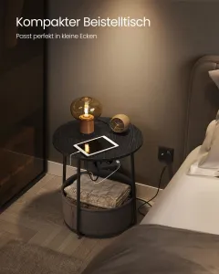 VASAGLE Okrúhly bočný stolík s textilným košom a zásuvkou čierny