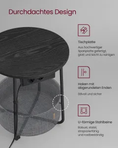 VASAGLE Okrúhly bočný stolík s textilným košom a zásuvkou čierny