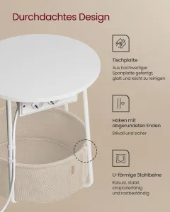 VASAGLE Okrúhly konferenčný stolík s textilným košom a zásuvkou biely