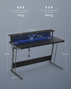 VASAGLE Písací stôl s el. a USB zásuvkami čierny