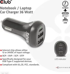 Club 3D Club3D Auto nabíječka pro Notebooky 36W, 3 porty (2xUSB-A + USB-C)