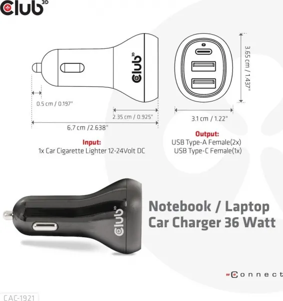 Club 3D Club3D Auto nabíječka pro Notebooky 36W, 3 porty (2xUSB-A + USB-C)