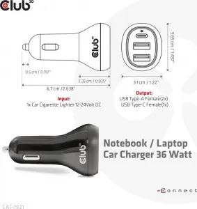 Club 3D Club3D Auto nabíječka pro Notebooky 36W, 3 porty (2xUSB-A + USB-C)
