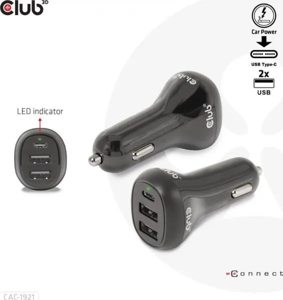 Club 3D Club3D Auto nabíječka pro Notebooky 36W, 3 porty (2xUSB-A + USB-C)