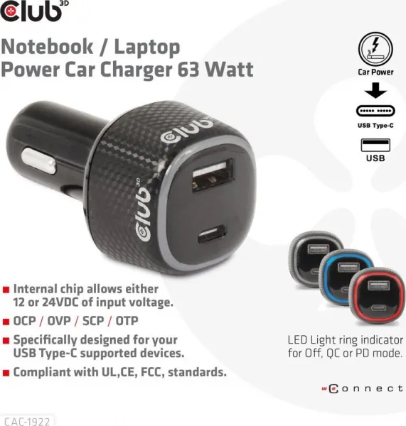 Club 3D Club3D Auto nabíječka pro Notebooky 63W, 2 porty (USB-A + USB-C)