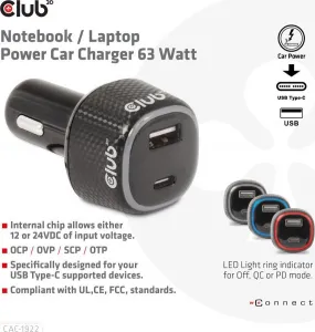 Club 3D Club3D Auto nabíječka pro Notebooky 63W, 2 porty (USB-A + USB-C)