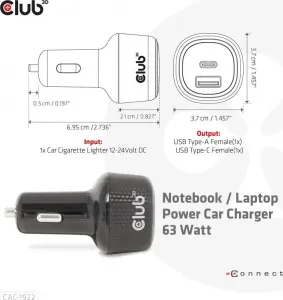 Club 3D Club3D Auto nabíječka pro Notebooky 63W, 2 porty (USB-A + USB-C)