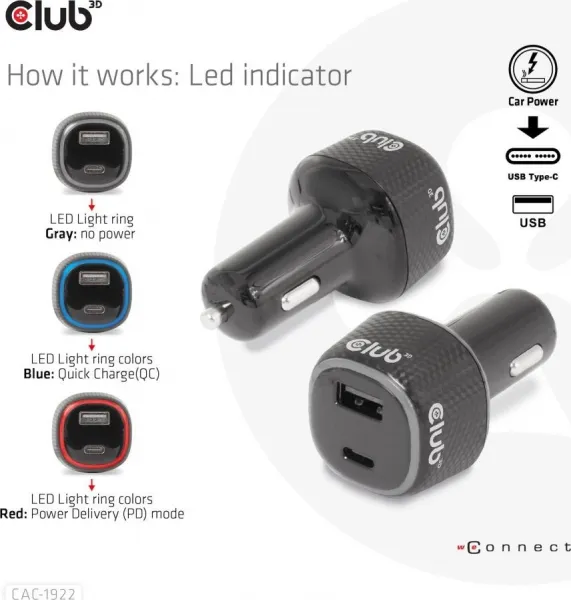 Club 3D Club3D Auto nabíječka pro Notebooky 63W, 2 porty (USB-A + USB-C)