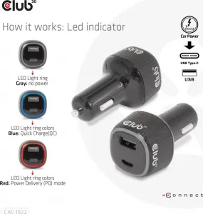 Club 3D Club3D Auto nabíječka pro Notebooky 63W, 2 porty (USB-A + USB-C)