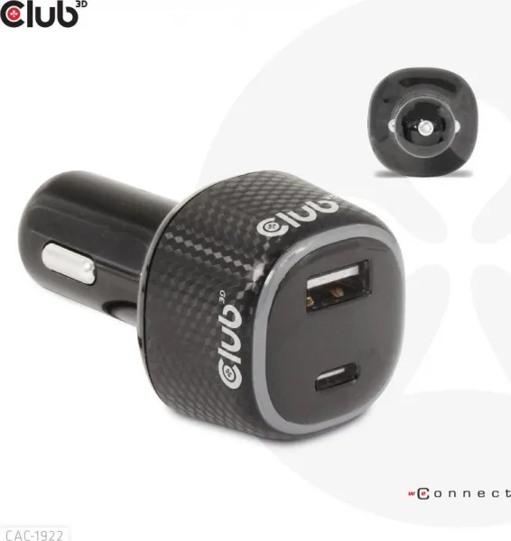 Club 3D Club3D Auto nabíječka pro Notebooky 63W, 2 porty (USB-A + USB-C)