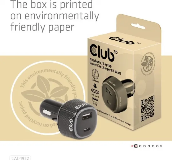 Club 3D Club3D Auto nabíječka pro Notebooky 63W, 2 porty (USB-A + USB-C)