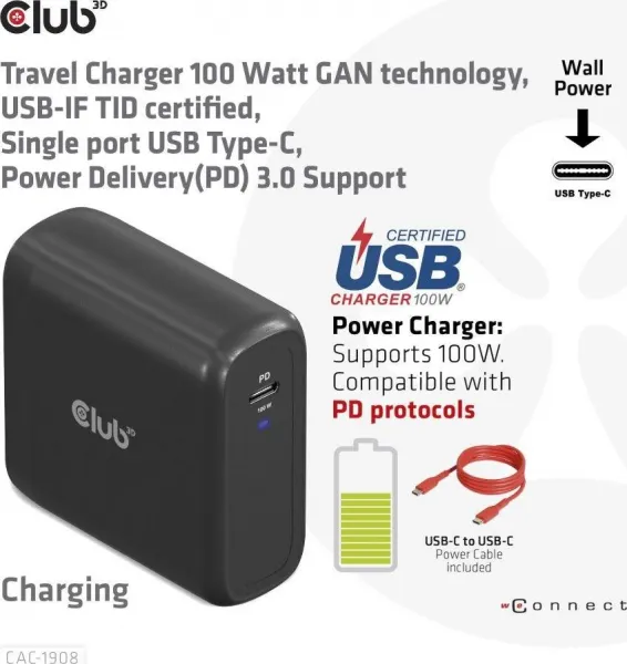 Club3D cestovní nabíječka 100W GAN technologie, USB-IF TID certified, USB Type-C, Power Delivery(PD) 3.0 Support