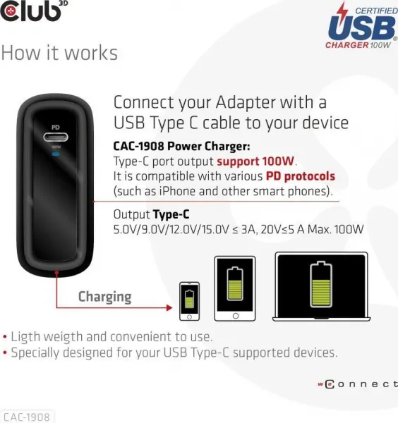 Club3D cestovní nabíječka 100W GAN technologie, USB-IF TID certified, USB Type-C, Power Delivery(PD) 3.0 Support