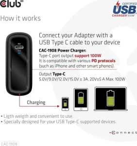 Club3D cestovní nabíječka 100W GAN technologie, USB-IF TID certified, USB Type-C, Power Delivery(PD) 3.0 Support