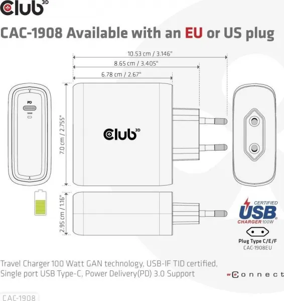 Club3D cestovní nabíječka 100W GAN technologie, USB-IF TID certified, USB Type-C, Power Delivery(PD) 3.0 Support