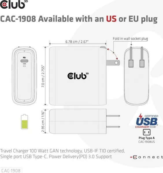 Club3D cestovní nabíječka 100W GAN technologie, USB-IF TID certified, USB Type-C, Power Delivery(PD) 3.0 Support