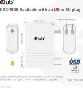 Club3D cestovní nabíječka 100W GAN technologie, USB-IF TID certified, USB Type-C, Power Delivery(PD) 3.0 Support