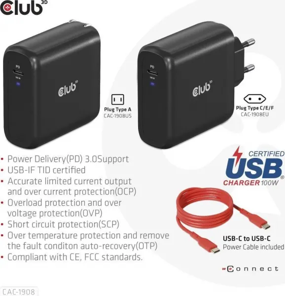 Club3D cestovní nabíječka 100W GAN technologie, USB-IF TID certified, USB Type-C, Power Delivery(PD) 3.0 Support