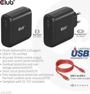 Club3D cestovní nabíječka 100W GAN technologie, USB-IF TID certified, USB Type-C, Power Delivery(PD) 3.0 Support