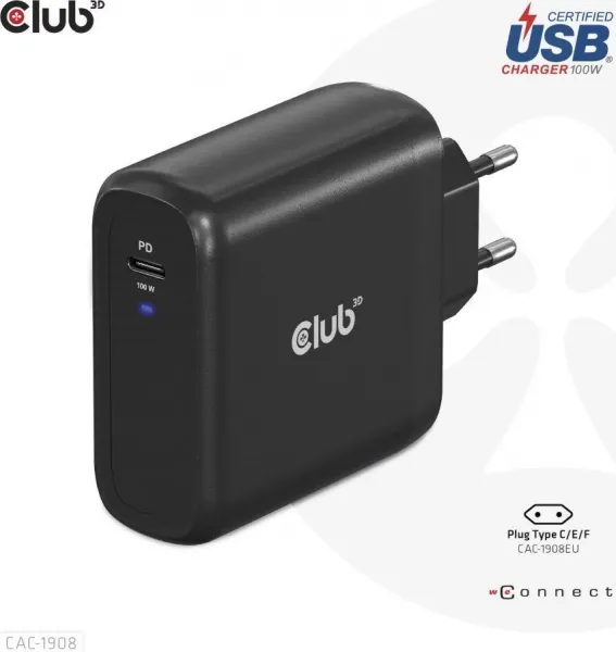 Club3D cestovní nabíječka 100W GAN technologie, USB-IF TID certified, USB Type-C, Power Delivery(PD) 3.0 Support