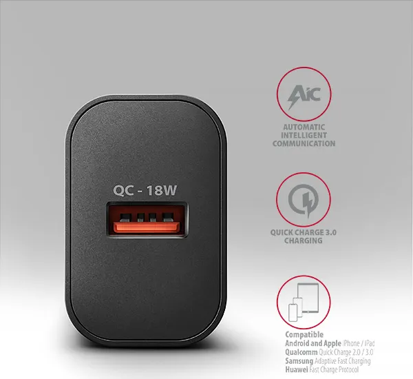 AXAGON ACU-QC18, nabíjačka do siete 18W, 1x port USB-A, QC3.0/AFC/Apple, čierna