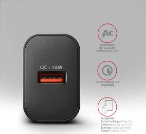 AXAGON ACU-QC18, nabíjačka do siete 18W, 1x port USB-A, QC3.0/AFC/Apple, čierna