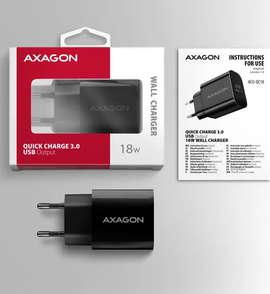 AXAGON ACU-QC18, nabíjačka do siete 18W, 1x port USB-A, QC3.0/AFC/Apple, čierna