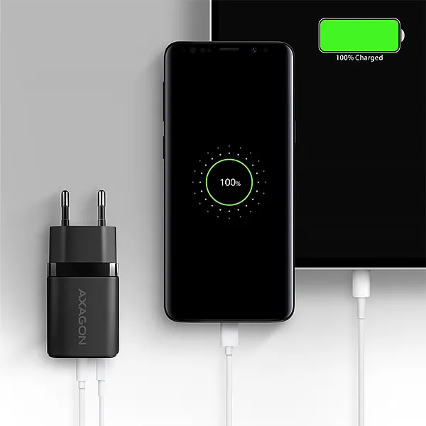 AXAGON ACU-PQ20, nabíjačka do siete 20W, 2x port (USB-A + USB-C), PD3.0/PPS/QC4+/AFC/Apple, čierna