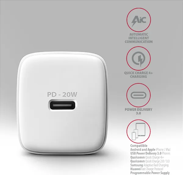AXAGON ACU-PD20W, nabíjačka do siete 20W, 1x port USB-C, PD3.0/PPS/QC4+/AFC/Apple, biela