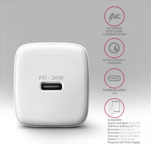 AXAGON ACU-PD20W, nabíjačka do siete 20W, 1x port USB-C, PD3.0/PPS/QC4+/AFC/Apple, biela