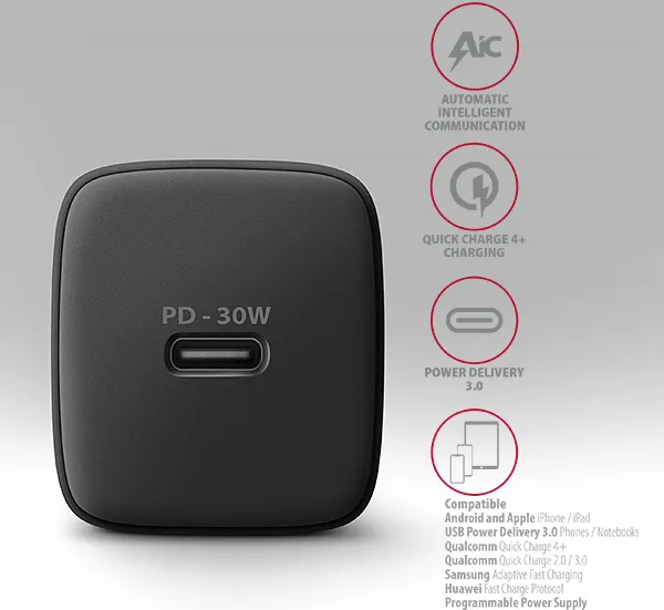 AXAGON ACU-PD30, Sil nabíjačka do siete 30W, 1x port USB-C, PD3.0/PPS/QC4+/SFC/AFC/Apple, čierna