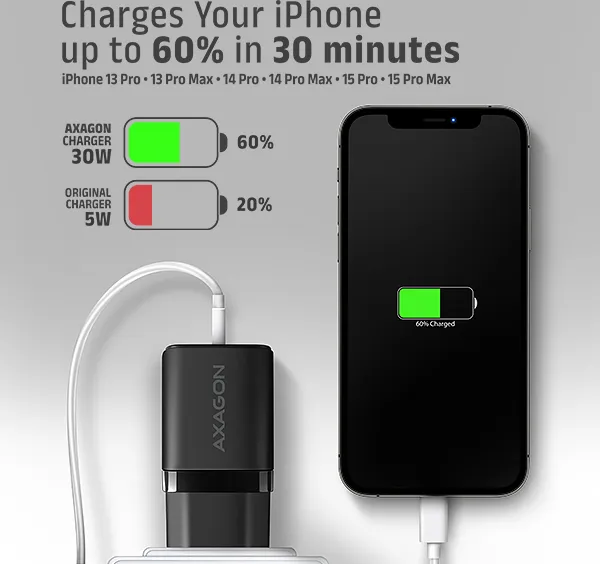 AXAGON ACU-PD30, Sil nabíjačka do siete 30W, 1x port USB-C, PD3.0/PPS/QC4+/SFC/AFC/Apple, čierna