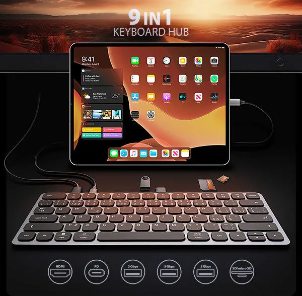 AXAGON HMC-KB-CS, USB 5Gbps hub s CZ/SK klávesnicou, HDMI 4K/60Hz, 3x USB-A, SD/mSD, audio, PD 100W, kábel USB-C 60cm